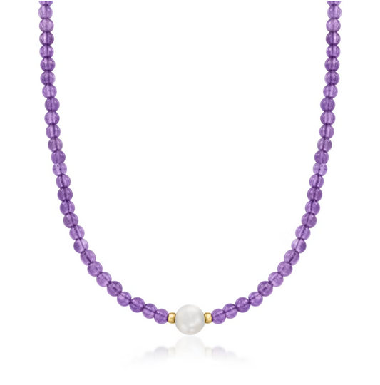 9mm Cultured Pearl and 55.00 ctw Amethyst Bead Necklace with 18kt Gold Over Sterling. 18"