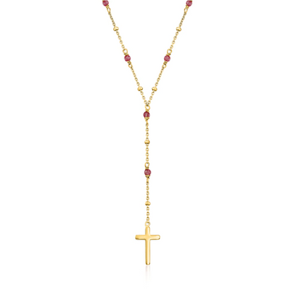 2.30 ctw Garnet Rosary Beads with Cross Necklace in 18kt Gold Over Sterling. 16"