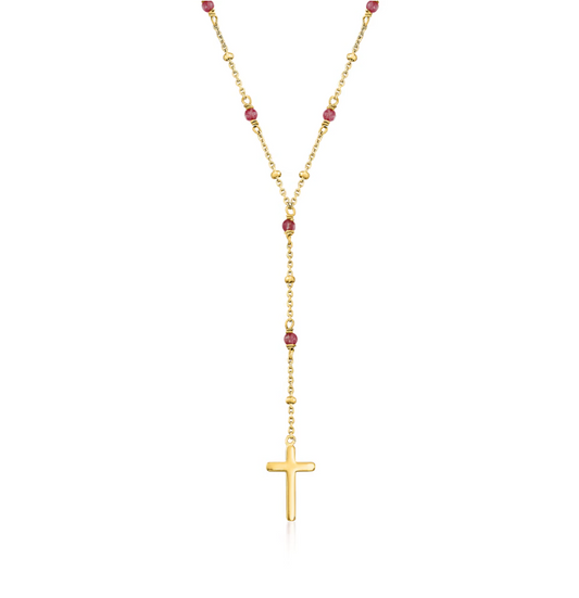 2.30 ctw Garnet Rosary Beads with Cross Necklace in 18kt Gold Over Sterling. 16"