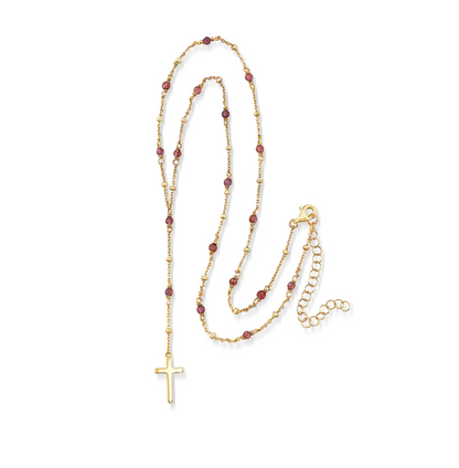 2.30 ctw Garnet Rosary Beads with Cross Necklace in 18kt Gold Over Sterling. 16"