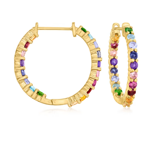 1.80 ctw Multi-Gemstone Inside-Outside Hoop Earrings in 18kt Gold Over Sterling. 7/8"