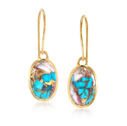 Oval Kingman Turquoise Drop Earrings in 18kt Gold Over Sterling