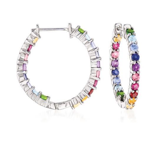 1.80 ctw Multi-Gem Hoop Earrings in Sterling Silver. 1"