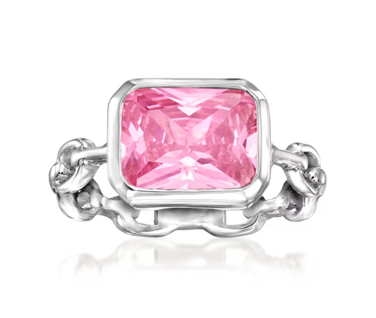 4.20 Carat Simulated Pink Sapphire Paper Clip Link Ring in Sterling Silver