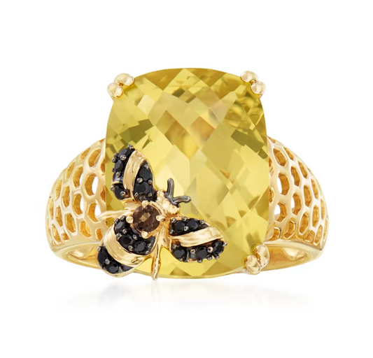 8.75 Carat Lemon Quartz Bumblebee Ring with Multi-Gemstone Accents in 18kt Gold Over Sterling