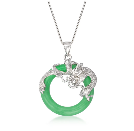 Jade Dragon Open-Space Pendant Necklace in Sterling Silver