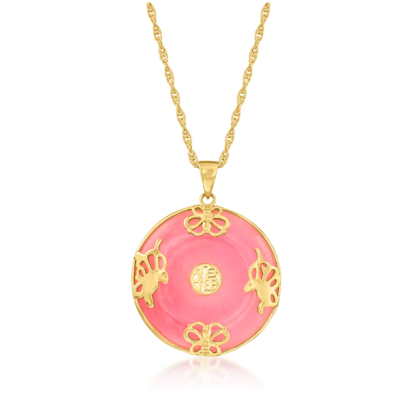 Pink Jade "Good Fortune" Butterfly Pendant Necklace in 18kt Gold Over Sterling. 18"