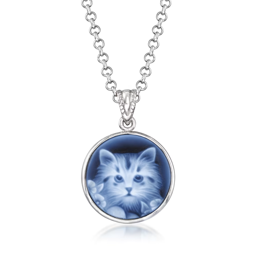 Italian Blue Agate Cat Cameo Pendant Necklace in Sterling Silver. 18"