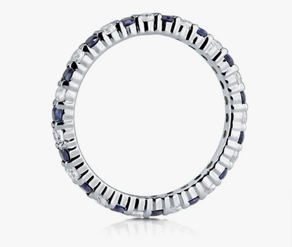 Simulated Blue Sapphire Pave Set CZ Eternity Ring in Sterling Silver
