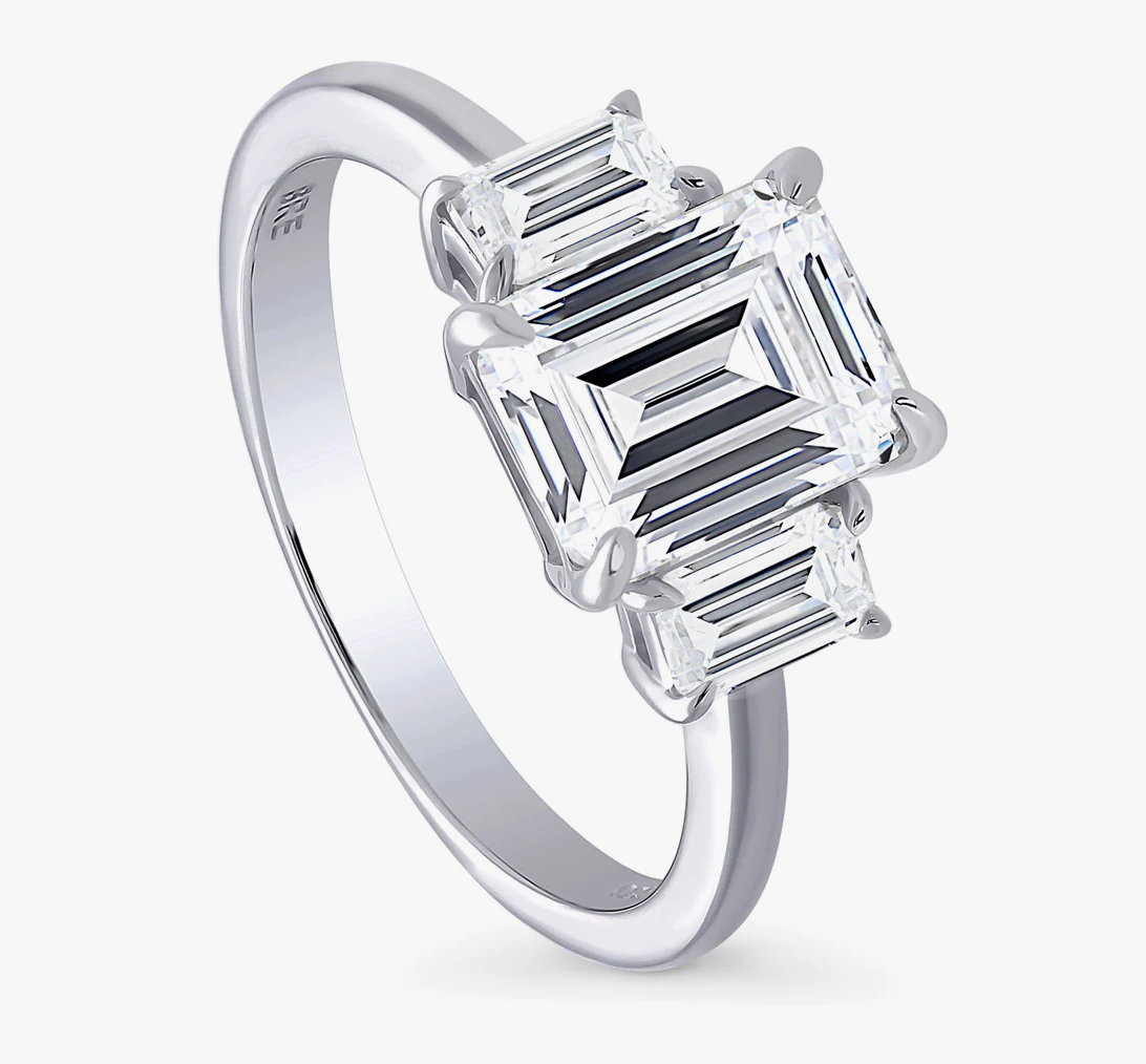 3-Stone Step Emerald Cut CZ Ring in Sterling Silver