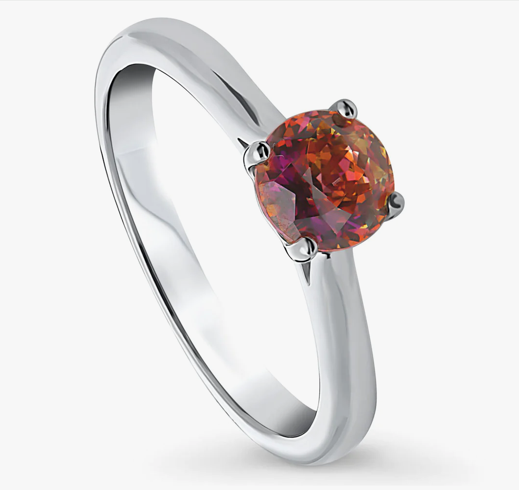 Solitaire Red Orange Round CZ Ring in Sterling Silver 0.8ct