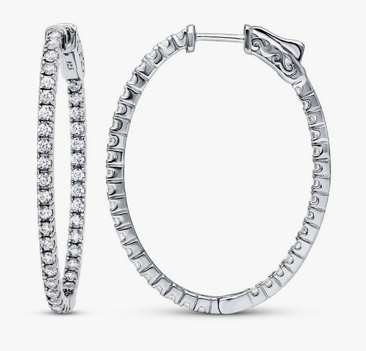 Oval CZ Medium Inside-Out Hoop Earrings in Sterling Silver 1.4"