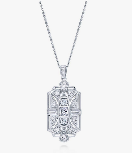 Art Deco Milgrain CZ Pendant Necklace in Sterling Silver