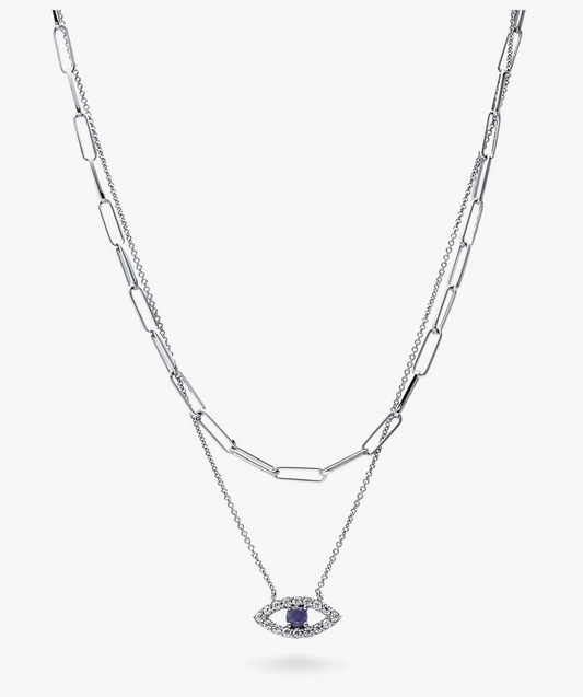 Evil Eye CZ Chain Necklace in Sterling Silver, 2 Piece