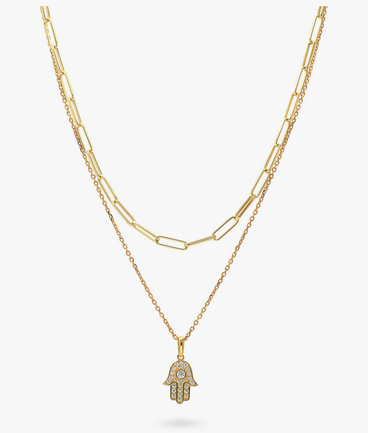 Hamsa Hand CZ Chain Necklace in Gold Flashed Sterling Silver, 2 Piece
