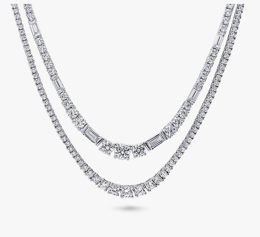 Graduated Baguette CZ Tennis Necklace in Sterling Silver, 2 Piece