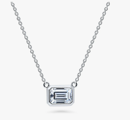 Solitaire 1ct Bezel Set Emerald Cut CZ Necklace in Sterling Silver