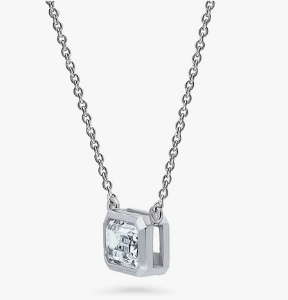 Solitaire 1ct Bezel Set Emerald Cut CZ Necklace in Sterling Silver