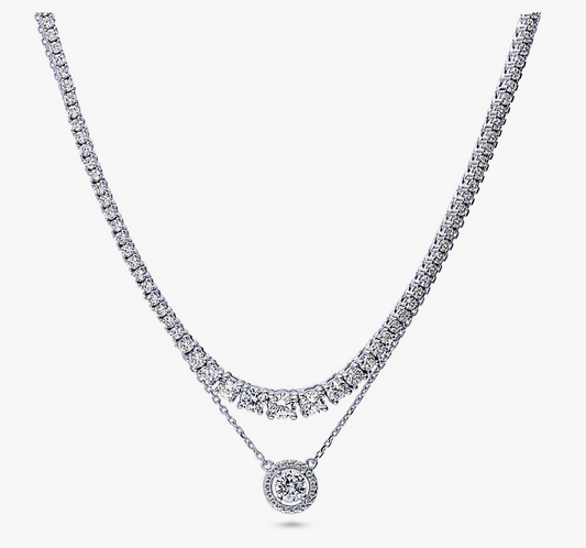 Graduated Halo CZ Pendant And Tennis Necklace Set in Sterling Silver
