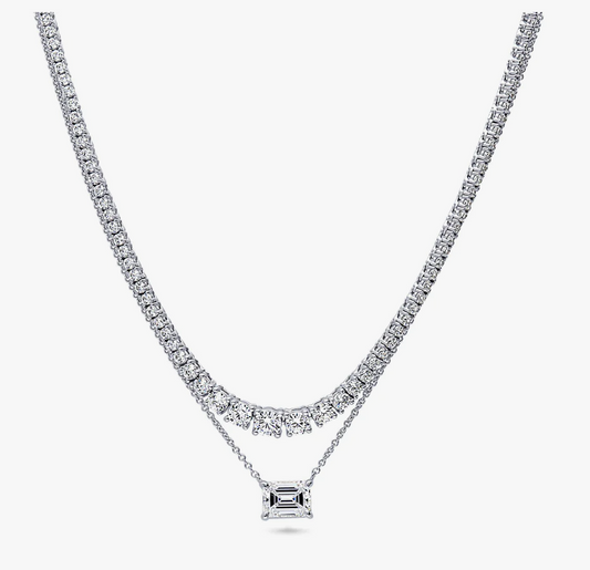 East-West CZ Pendant And Tennis Necklace Set in Sterling Silver