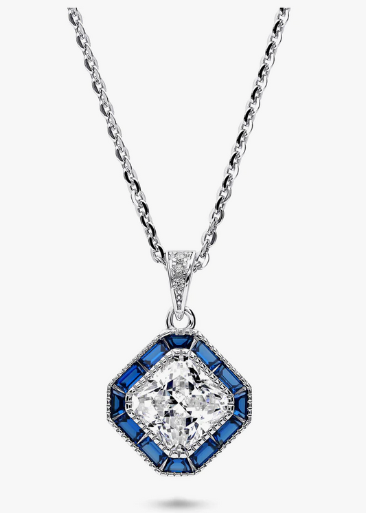 Halo Art Deco Princess CZ Pendant Necklace in Sterling Silver