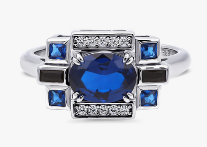 Art Deco Simulated Blue Sapphire CZ Ring in Sterling Silver