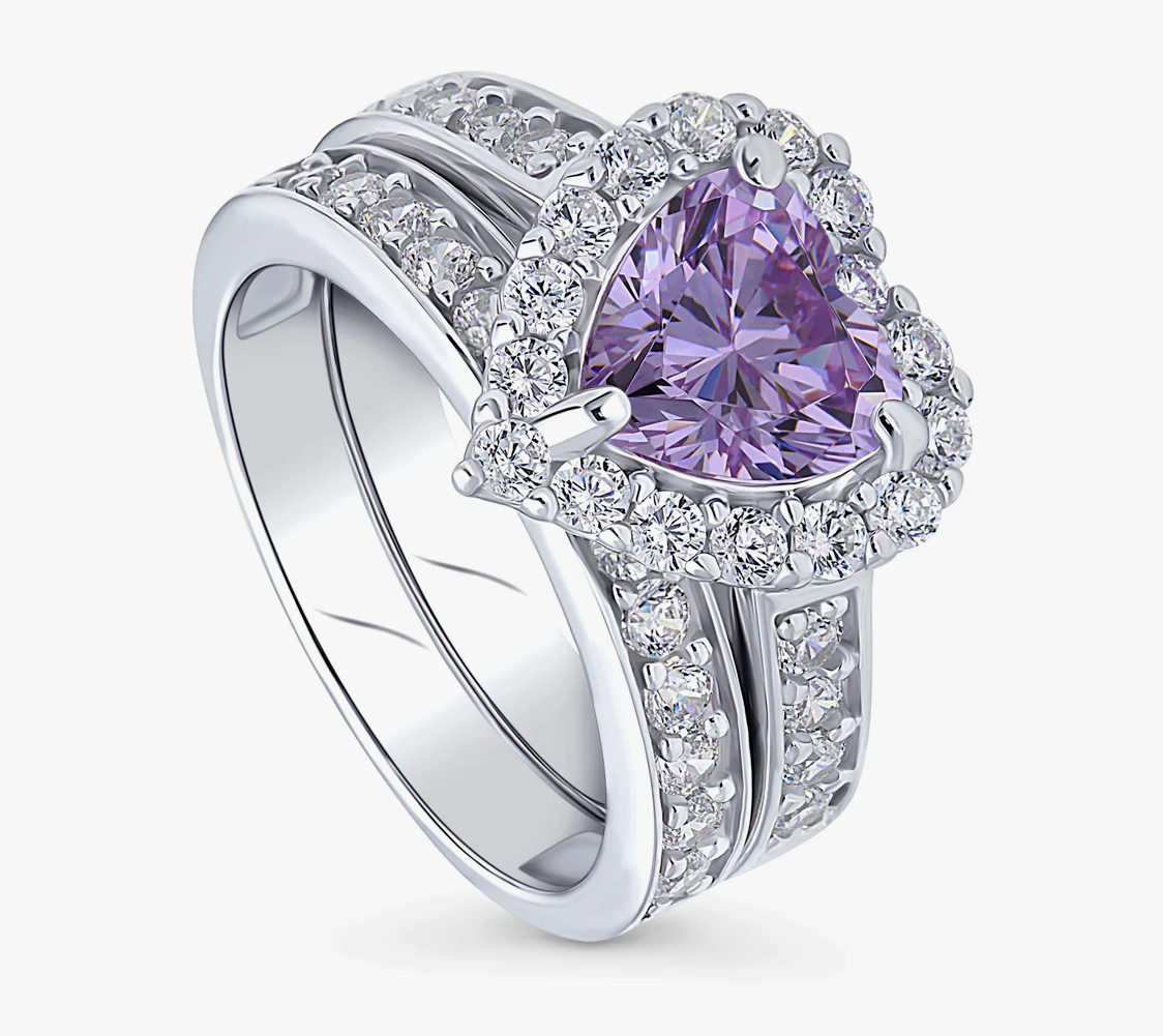 Halo Heart Purple CZ Statement Ring Set in Sterling Silver