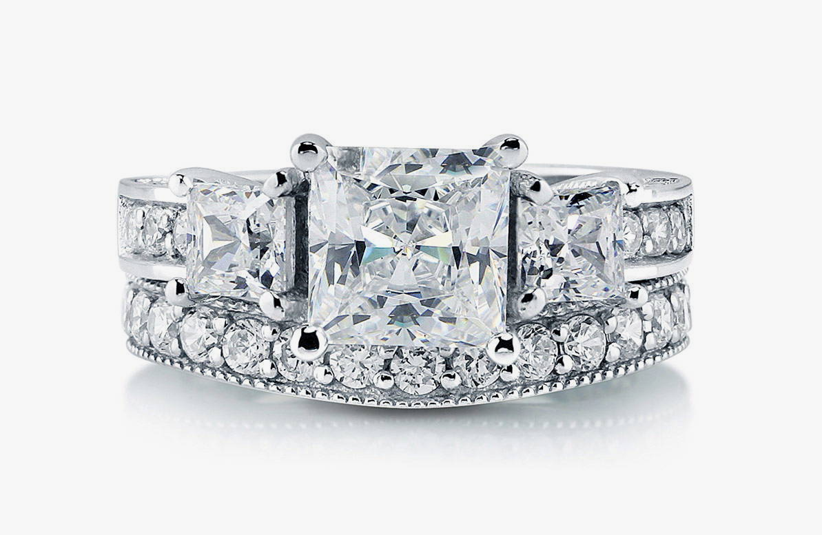 3-Stone Princess CZ Ring Set in Sterling Silver