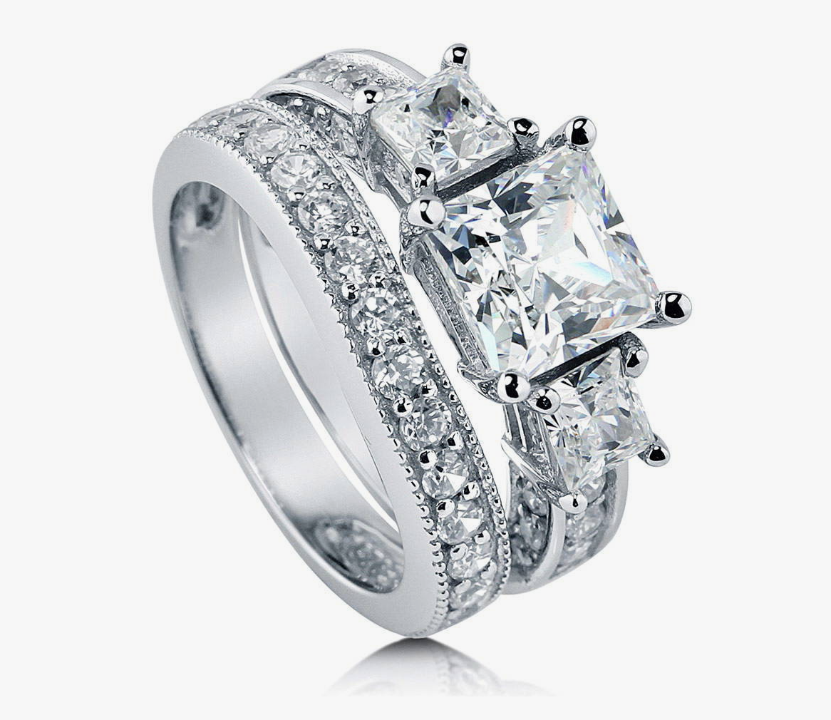 3-Stone Princess CZ Ring Set in Sterling Silver