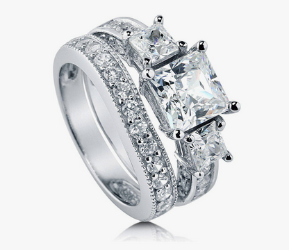 3-Stone Princess CZ Ring Set in Sterling Silver