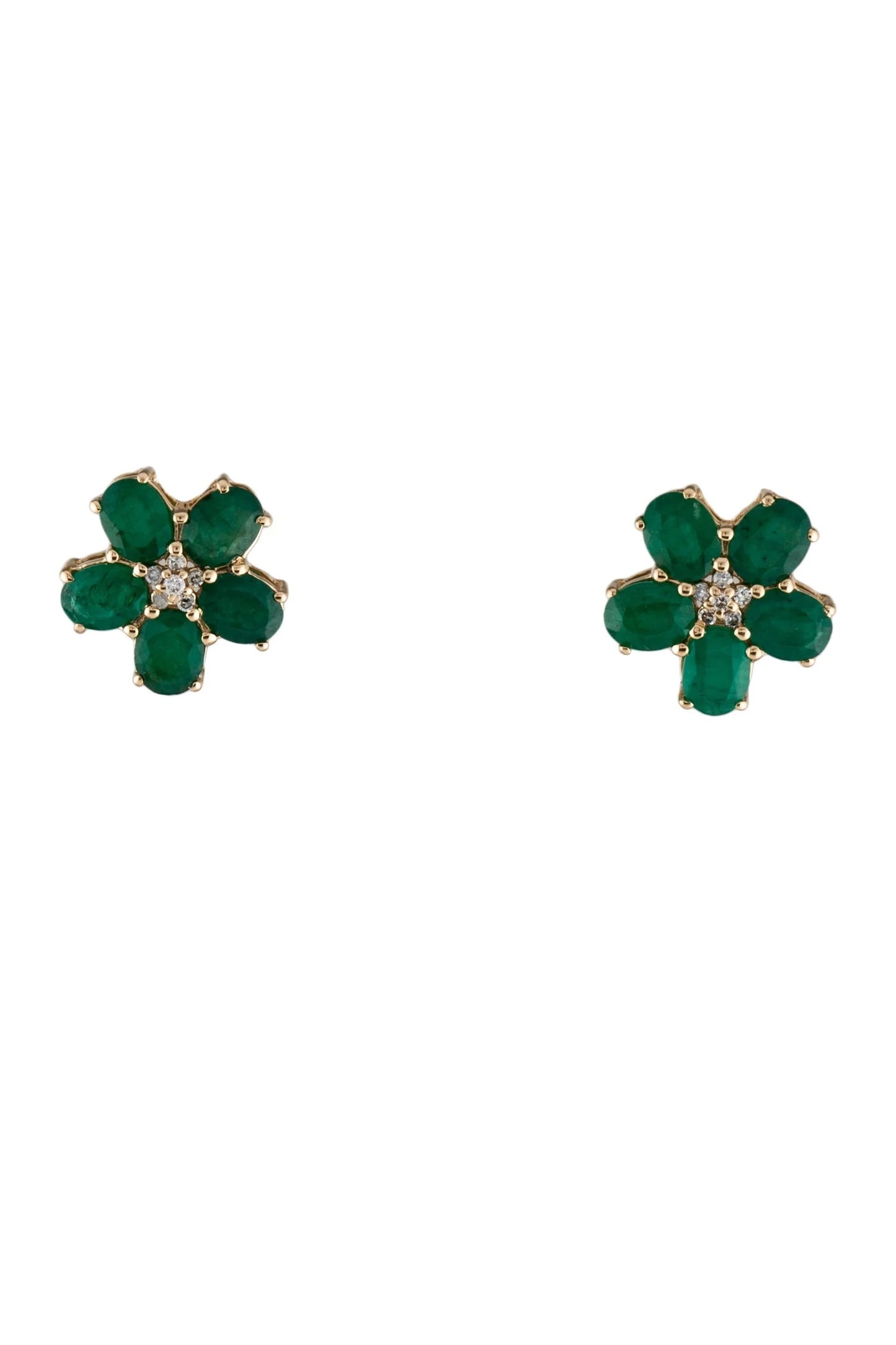 14K Emerald & Diamond Flower Stud Earrings