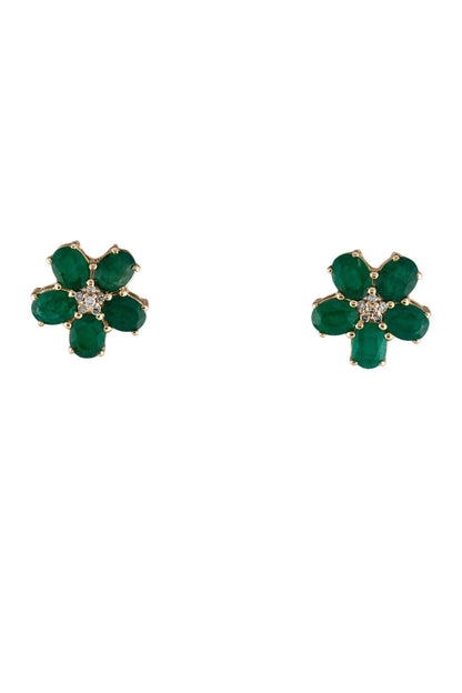 14K Emerald & Diamond Flower Stud Earrings