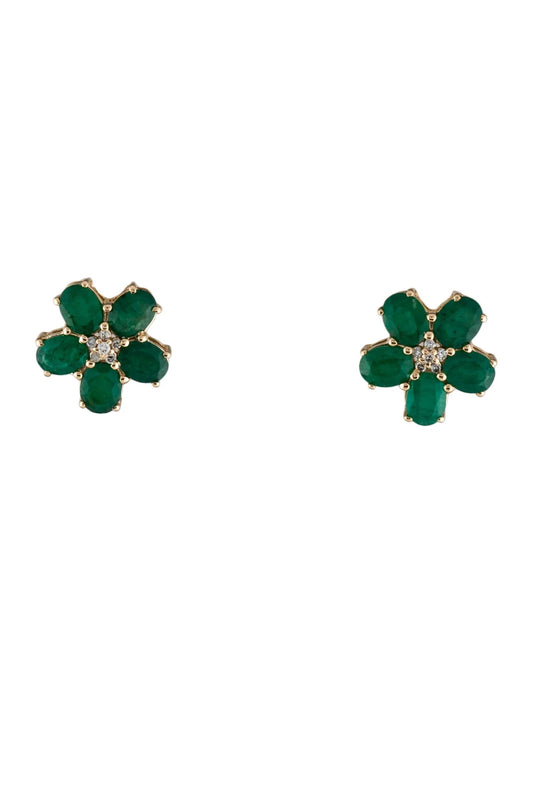 14K Emerald & Diamond Flower Stud Earrings