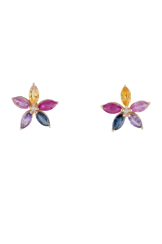 14K Multicolor Sapphire & Diamond Floral Stud Earrings
