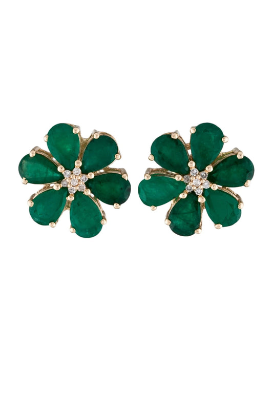 14K 4.03ctw Emerald & Diamond Floral Stud Earrings