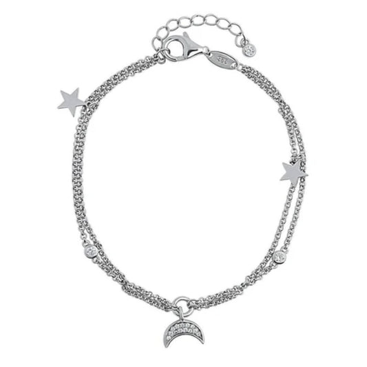 Star Crescent Moon CZ Charm Bracelet in Sterling Silver