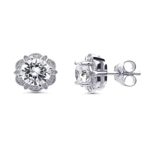 Flower Halo CZ Stud Earrings in Sterling Silver