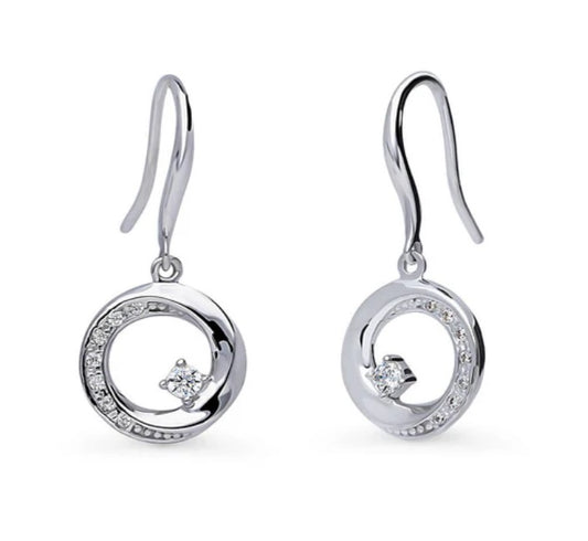 Open Circle Woven CZ Fish Hook Dangle Earrings in Sterling Silver