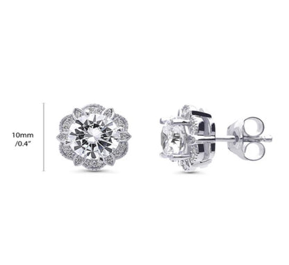 Flower Halo CZ Stud Earrings in Sterling Silver