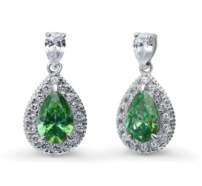 Halo Pear CZ Dangle Earrings in Sterling Silver