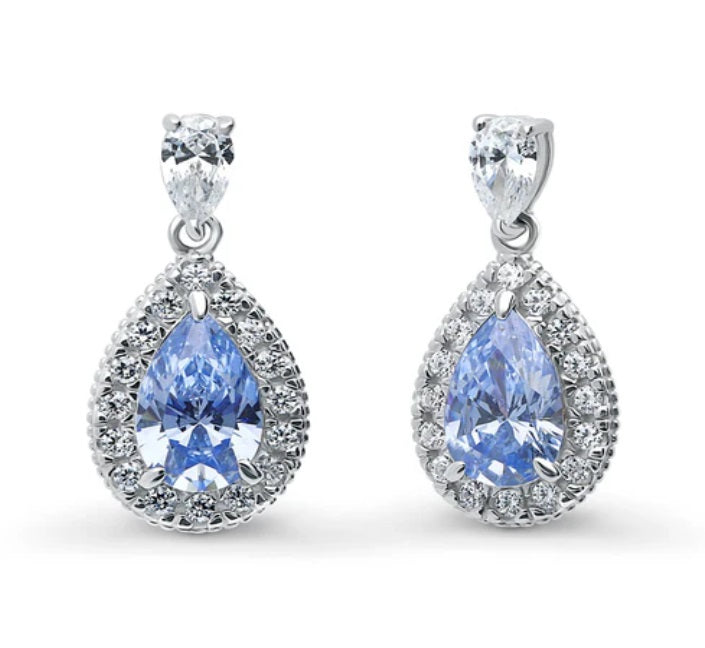 Halo Pear CZ Dangle Earrings in Sterling Silver