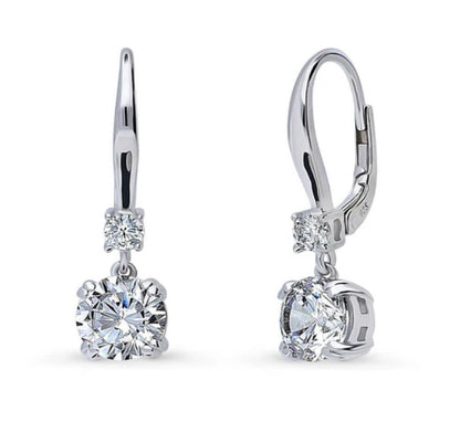 Solitaire 2.5ct Round CZ Leverback Dangle Earrings in Sterling Silver