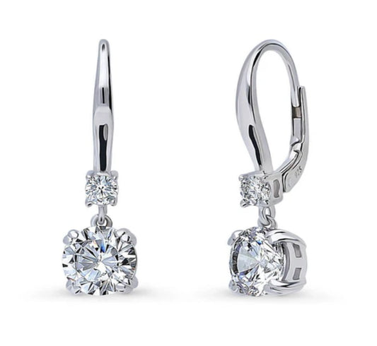 Solitaire 2.5ct Round CZ Leverback Dangle Earrings in Sterling Silver
