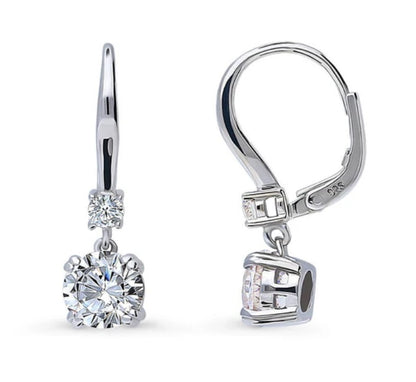 Solitaire 2.5ct Round CZ Leverback Dangle Earrings in Sterling Silver