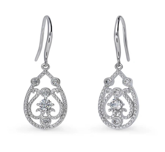 Milgrain Art Deco CZ Fish Hook Dangle Earrings in Sterling Silver