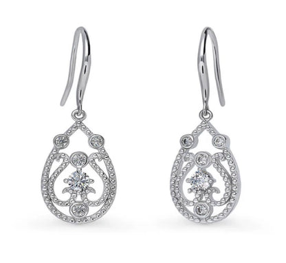 Milgrain Art Deco CZ Fish Hook Dangle Earrings in Sterling Silver