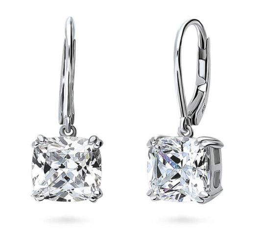 Solitaire 6ct Cushion CZ Leverback Dangle Earrings in Sterling Silver
