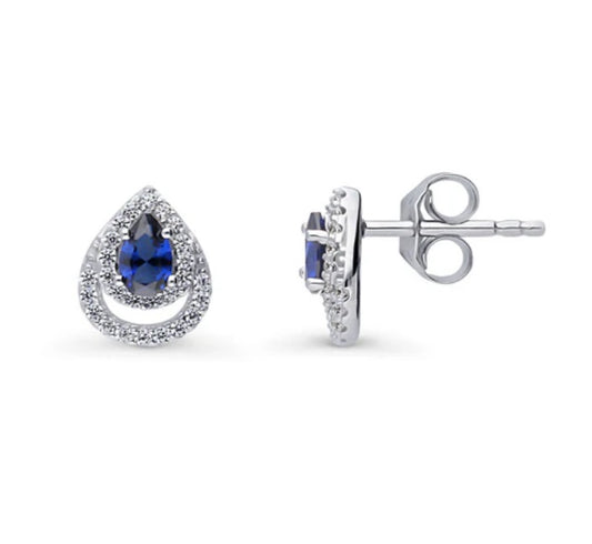 Teardrop Simulated Blue Sapphire CZ Stud Earrings in Sterling Silver
