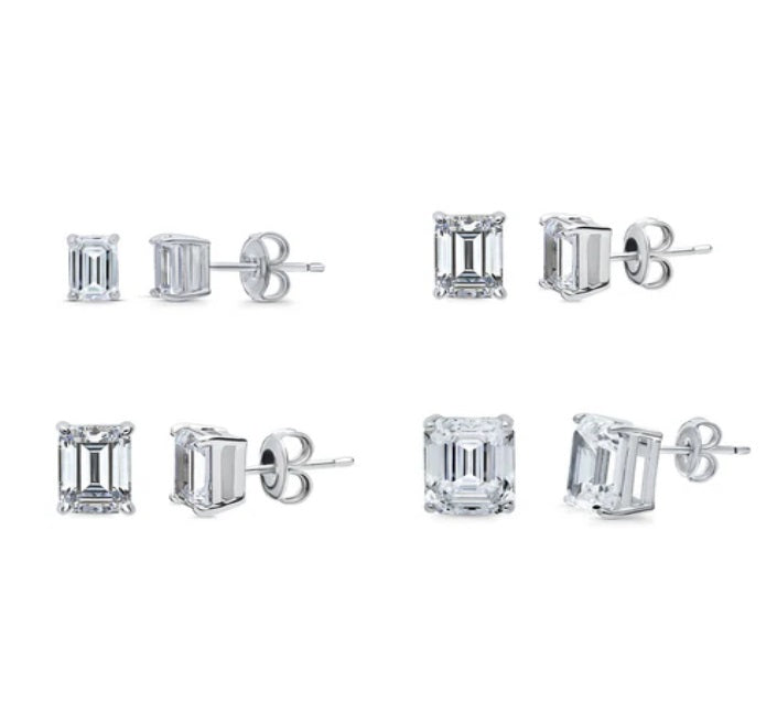 Solitaire Emerald Cut CZ Stud Earrings in Sterling Silver