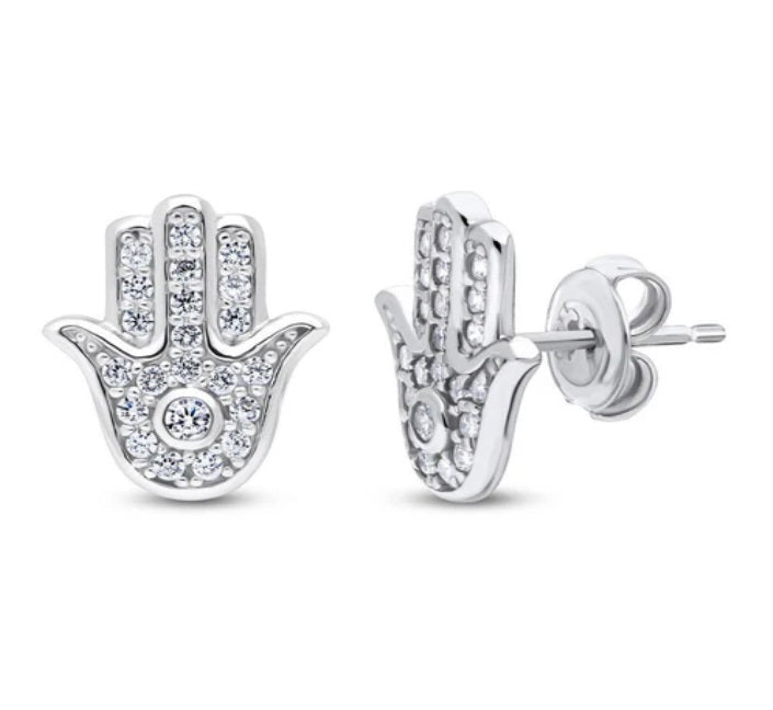Hamsa Hand CZ Stud Earrings in Sterling Silver